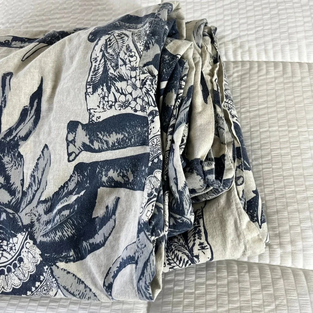 Pottery Barn Ari Elephant Toile Print King Duvet Cover Cotton Linen Blue Boho